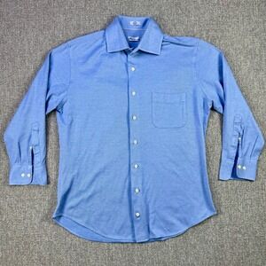 Peter Millar Mens Button Up Shirt Large Light Blue Long Sleeve Cotton Pocket